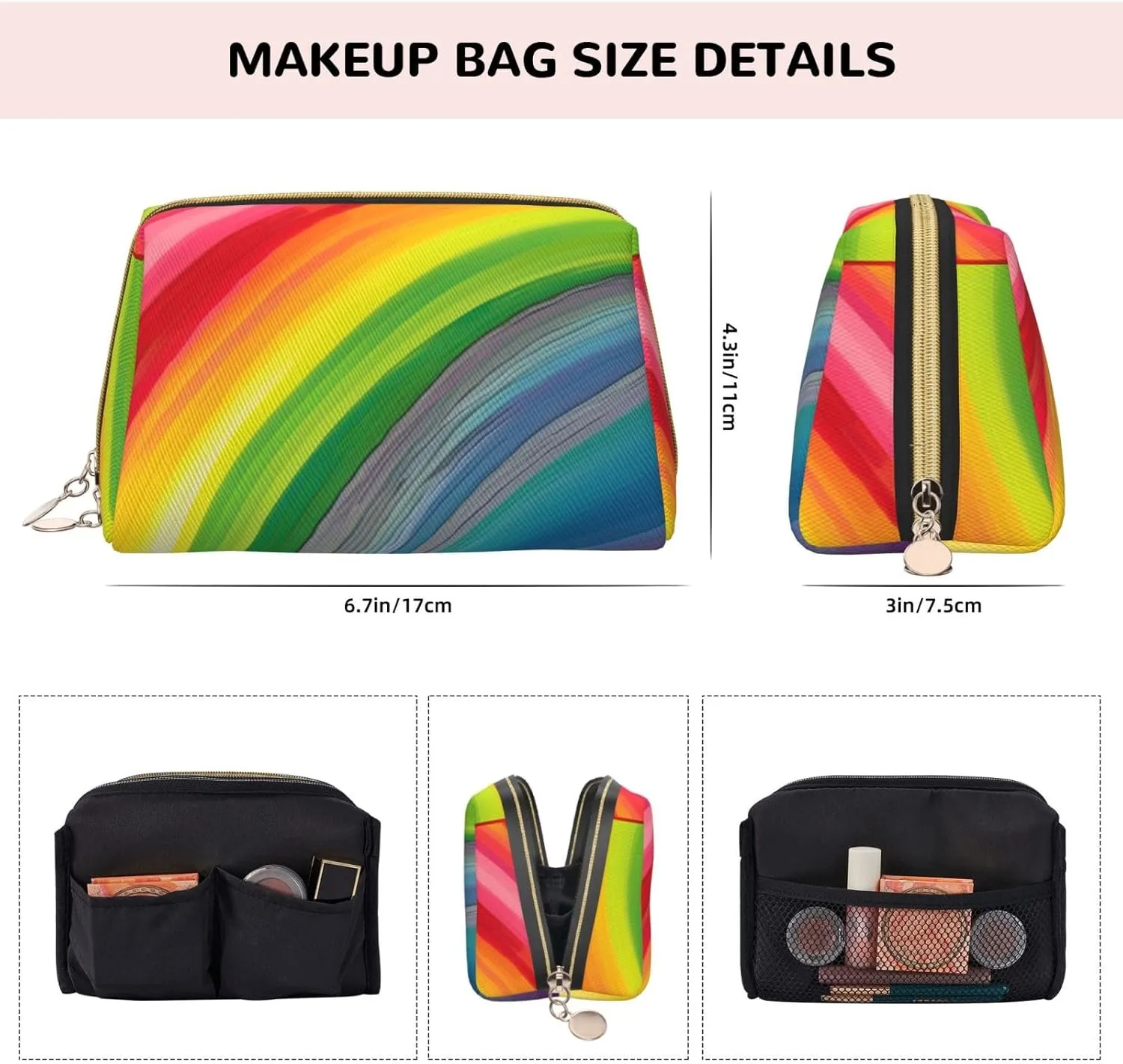 Rainbow Color Stripe Toiletry Pouch, Travel-Friendly Makeup Organizer For Makeup Brushes, Lipsticks
