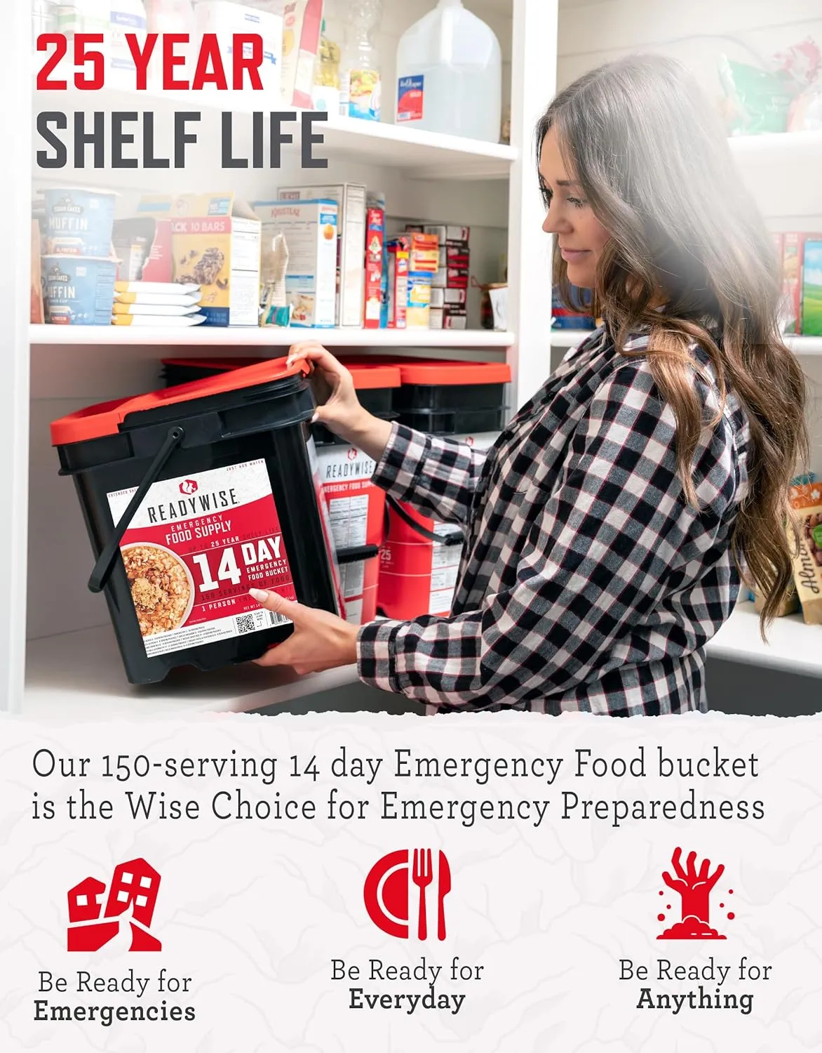 READYWISE - 14 Day, Emergency Food Supply, 150 Servings, 1 Bucket, Freeze Dried, MRE, Pre-made, Camping Essentials, Survival Kit, Food for Hiking, Adventure and Emergencies, 25-Year Shelf Life