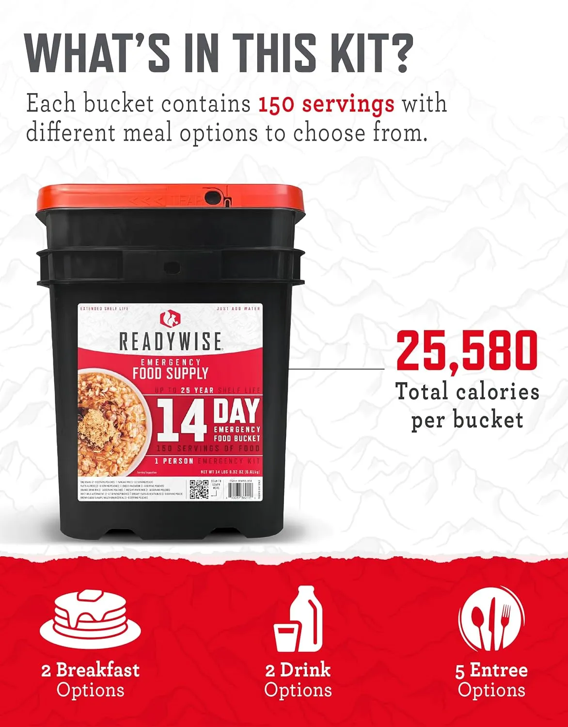 READYWISE - 14 Day, Emergency Food Supply, 150 Servings, 1 Bucket, Freeze Dried, MRE, Pre-made, Camping Essentials, Survival Kit, Food for Hiking, Adventure and Emergencies, 25-Year Shelf Life