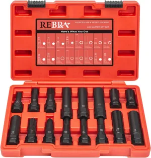 REBRA 6 Spline & 7 Spline Lug Nut Socket Set, Spline Lug Nut Lock Key, Locking Wheel Lug Nut Removal Tool for Easy Installation and Removal of Lug Nuts on Aftermarket Wheels (16-Pieces)