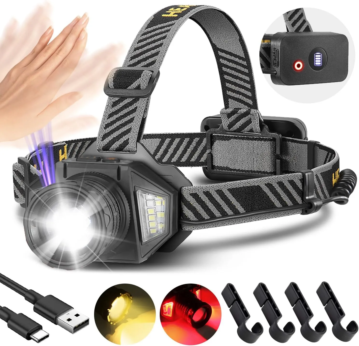 Rechargeable Headlamp, High Lumen LED Zoomable Head Lamp with Motion Sensor, Super Bright Headlight with 12 Modes & IPX5 Waterproof for Hardhat Outdoor Running Working Camping Fishing Gear