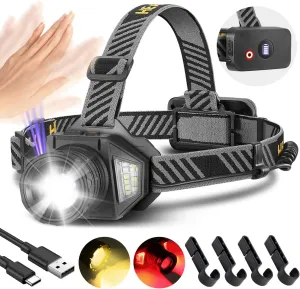 Rechargeable Headlamp, High Lumen LED Zoomable Head Lamp with Motion Sensor, Super Bright Headlight with 12 Modes & IPX5 Waterproof for Hardhat Outdoor Running Working Camping Fishing Gear