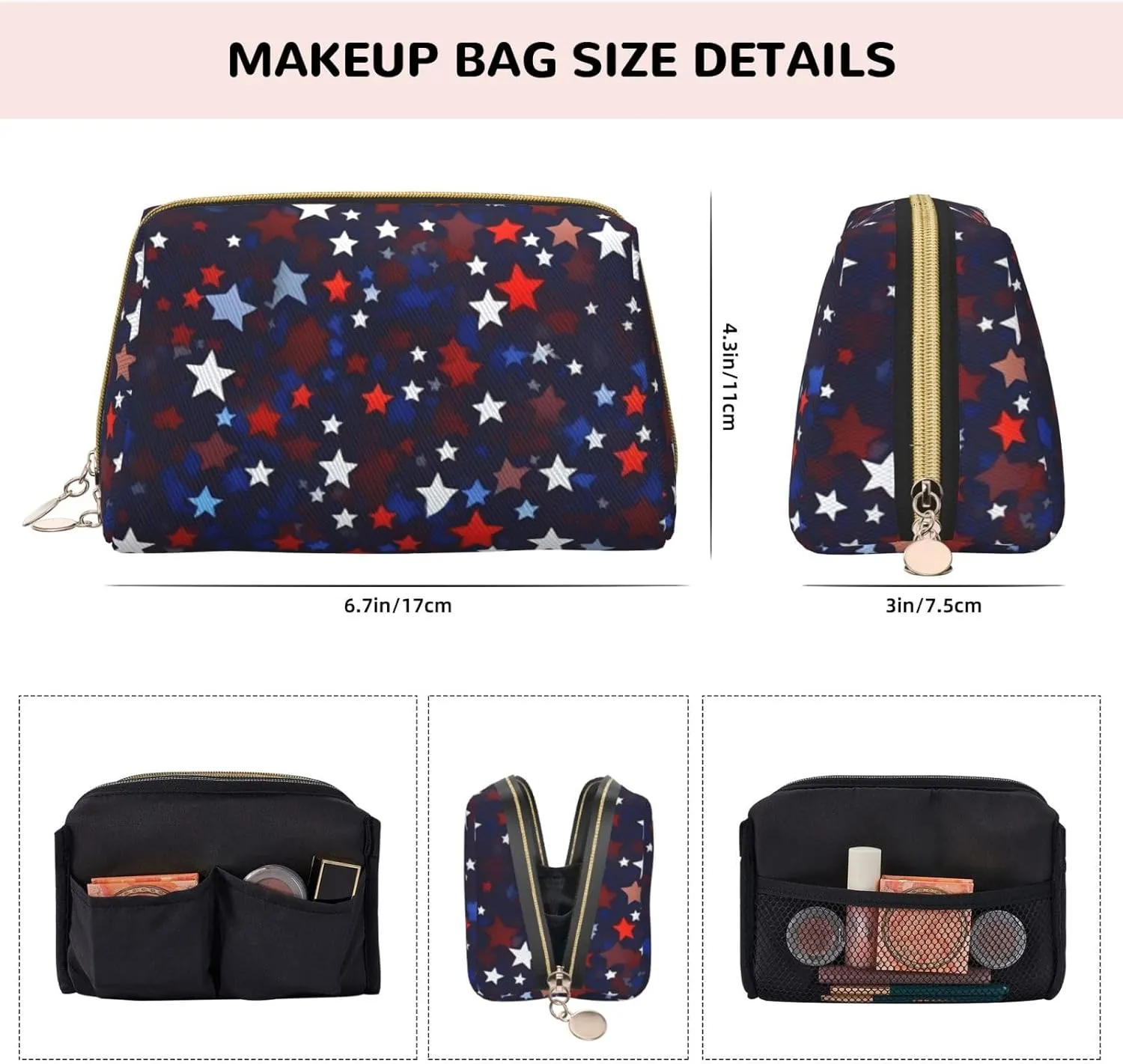 Red Blue Stars Toiletry Pouch, Travel-Friendly Makeup Organizer For Makeup Brushes, Lipsticks
