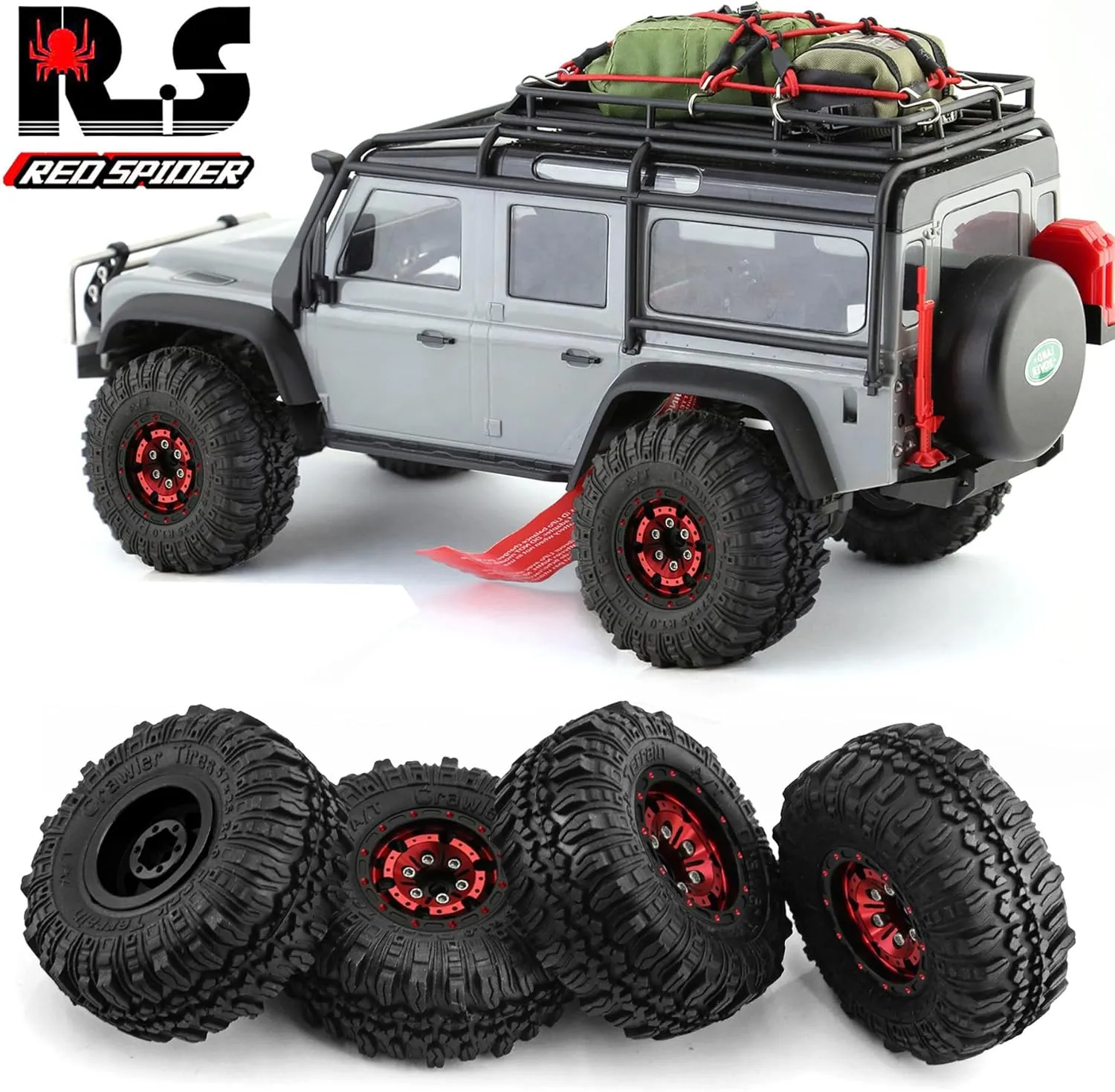 REDSPIDER （4pcs） 1.0 beadlock Wheels and Tires，1.0 Tires Set Has Super Soft Stickiness，Wheel hub Colors Available. 1.0 Crawler Tires for TRX4M Axial AX24 SCX24 FCX24 1/18 1/24 RC Crawler Car (Red)