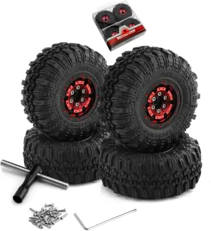 REDSPIDER （4pcs） 1.0 beadlock Wheels and Tires，1.0 Tires Set Has Super Soft Stickiness，Wheel hub Colors Available. 1.0 Crawler Tires for TRX4M Axial AX24 SCX24 FCX24 1/18 1/24 RC Crawler Car (Red)