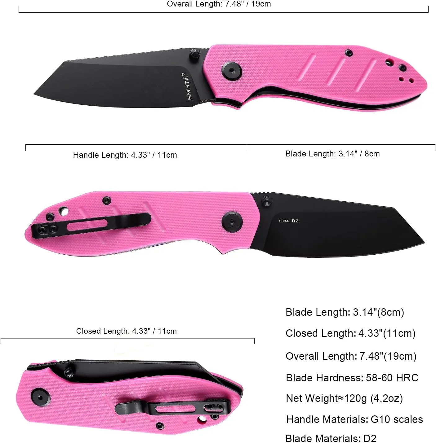 Reverse Tanto Pocket Folding Knife - 3.14" D2 Steel Blade, G10 Handle with Liner Lock, Thumb Stud, Reversible Clip, EDC Tactical Camping Knives for Men & Women E034, Pink