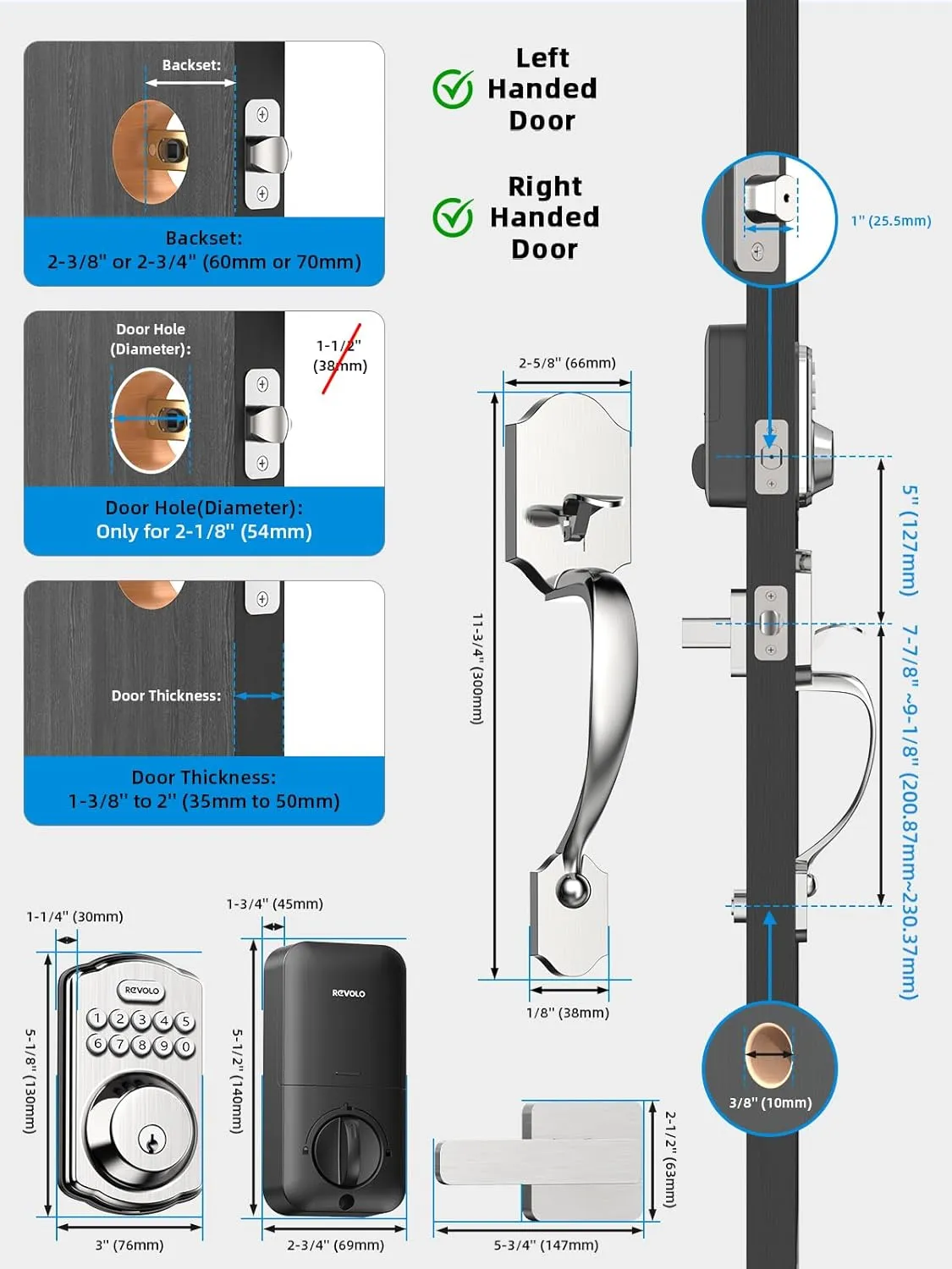 Revolo RE001 Electronic Keypad Deadbolt, Keyless Entry Door Lock, Smart Keyed Entry with Handle, Auto Lock, Front Door Handle Sets, Anti-Peeking Password, Satin Nickel