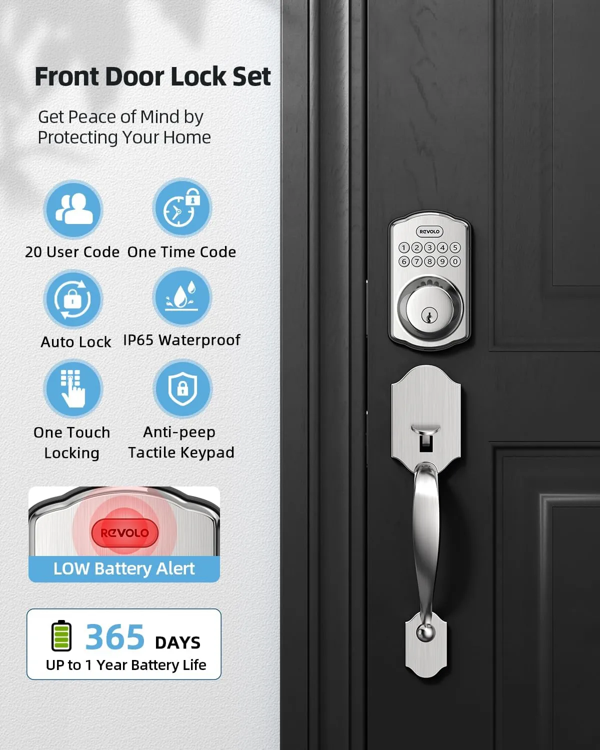 Revolo RE001 Electronic Keypad Deadbolt, Keyless Entry Door Lock, Smart Keyed Entry with Handle, Auto Lock, Front Door Handle Sets, Anti-Peeking Password, Satin Nickel