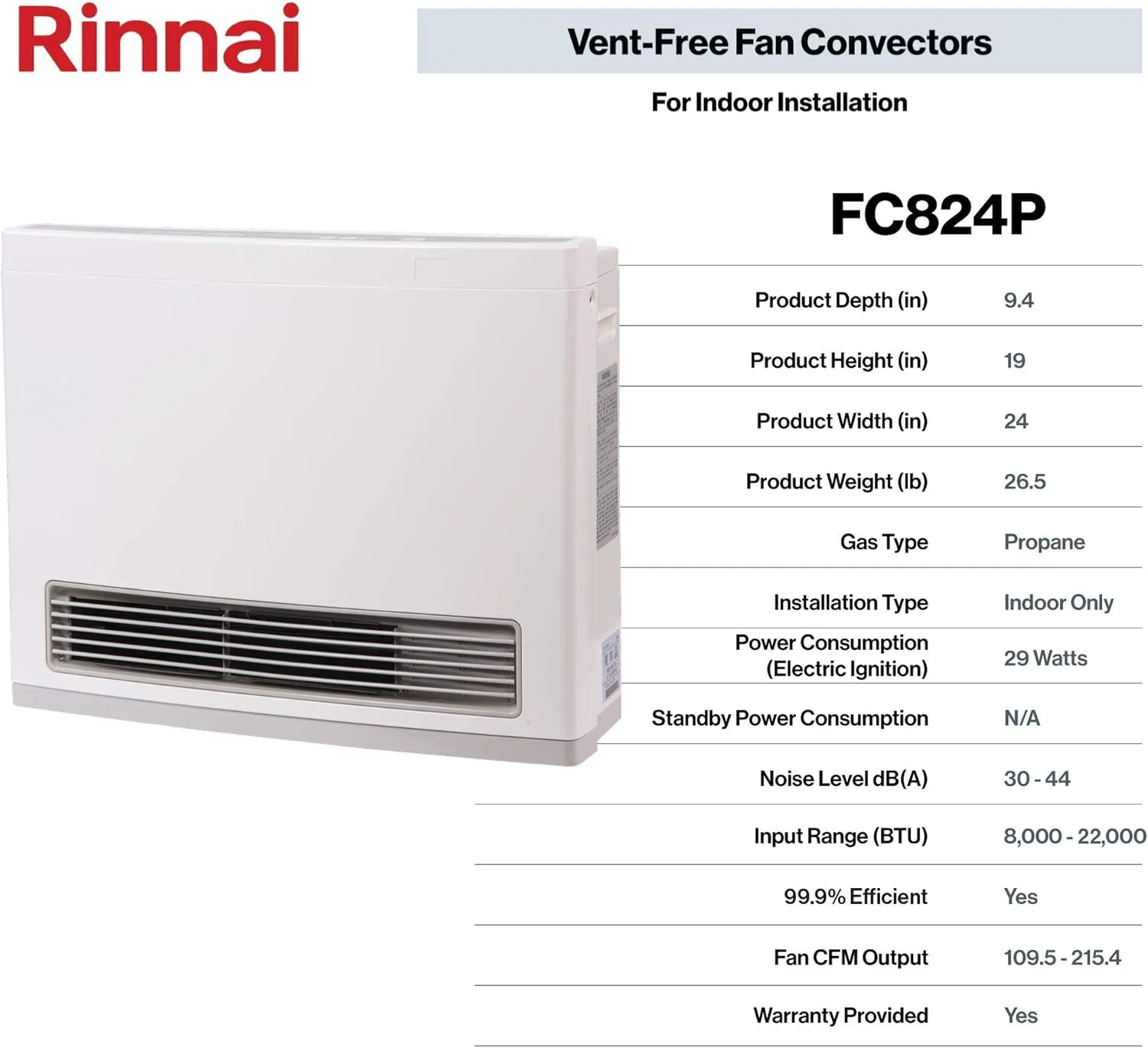 Rinnai FC824P Ventless Propane Heater, Energy-Efficient Space Heater with Programmable Thermostat