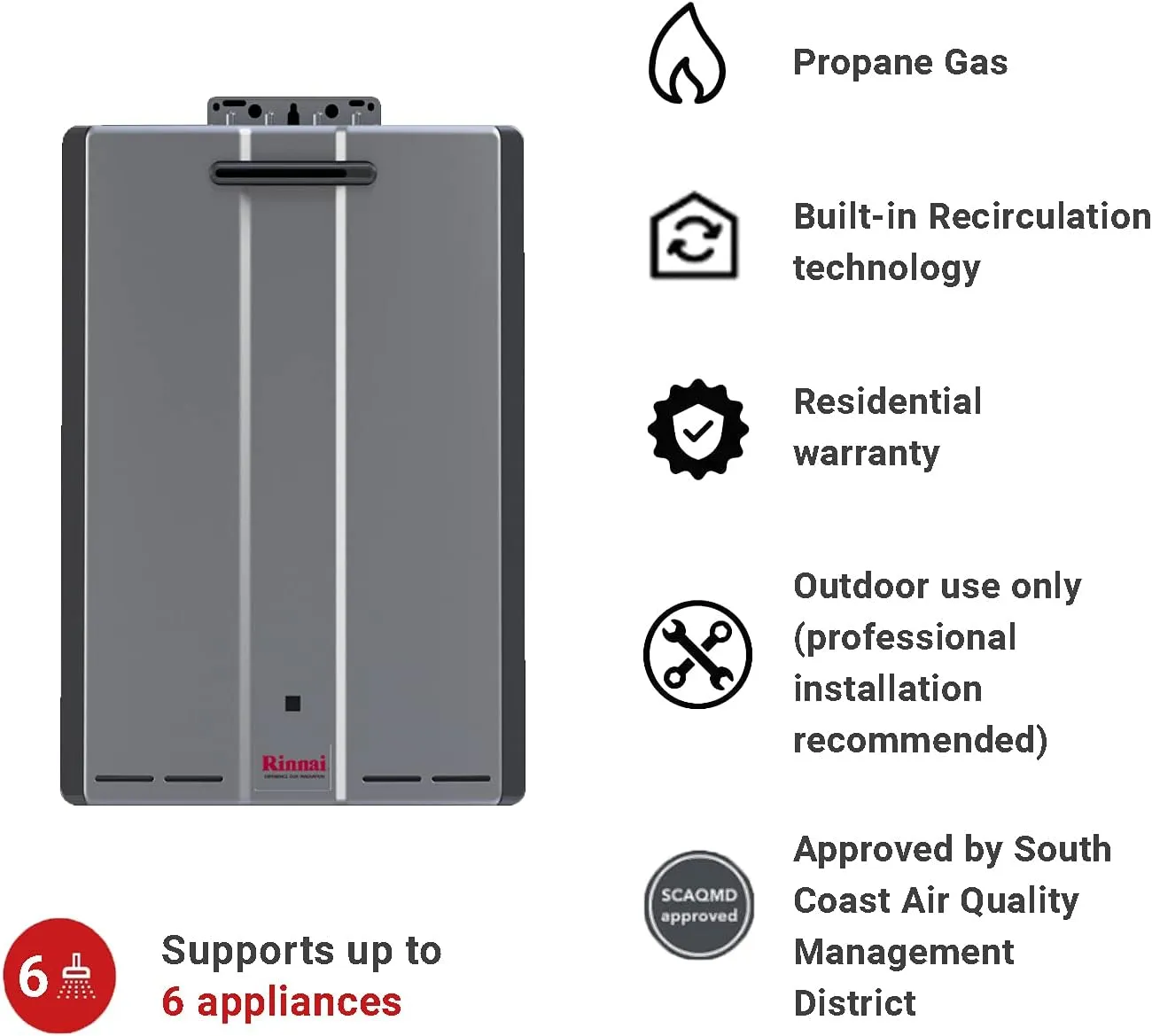 Rinnai RUR199eP Condensing Tankless Hot Water Heater, 11 GPM, Propane, Outdoor Installation