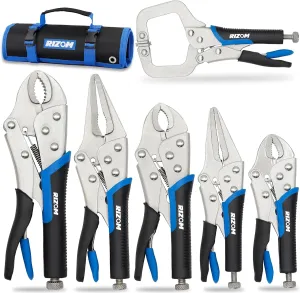 Rizom Vice Grips Pliers Set, 6-Piece Locking Pliers Set, 6-1/2”, 9-1/2” Needle Nose Vice Grips, 5”, 7” and 10” Curved Jaw Vise Grip, 6” C-clamp Locking Pliers, Fast Release with Rolling Pouch