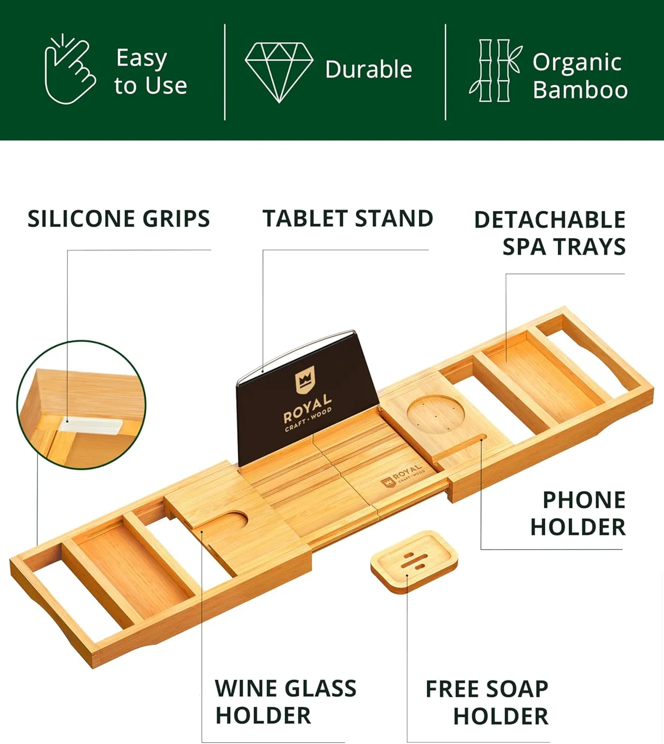 ROYAL CRAFT WOOD Premium Foldable Bathtub Tray - Wood Bath Tray for Tub, Bamboo Shelf, Expandable Bath Table Trays, Bathtub & Bathroom Accessories for New Home & Mothers Day & Birthday Gifts for Mom