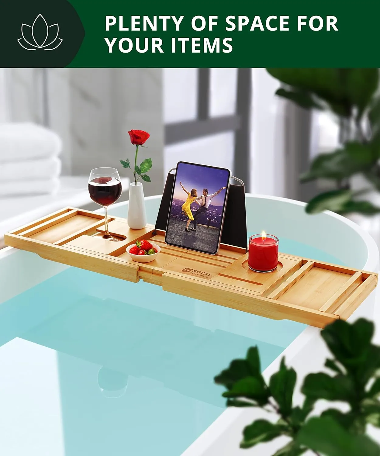 ROYAL CRAFT WOOD Premium Foldable Bathtub Tray - Wood Bath Tray for Tub, Bamboo Shelf, Expandable Bath Table Trays, Bathtub & Bathroom Accessories for New Home & Mothers Day & Birthday Gifts for Mom
