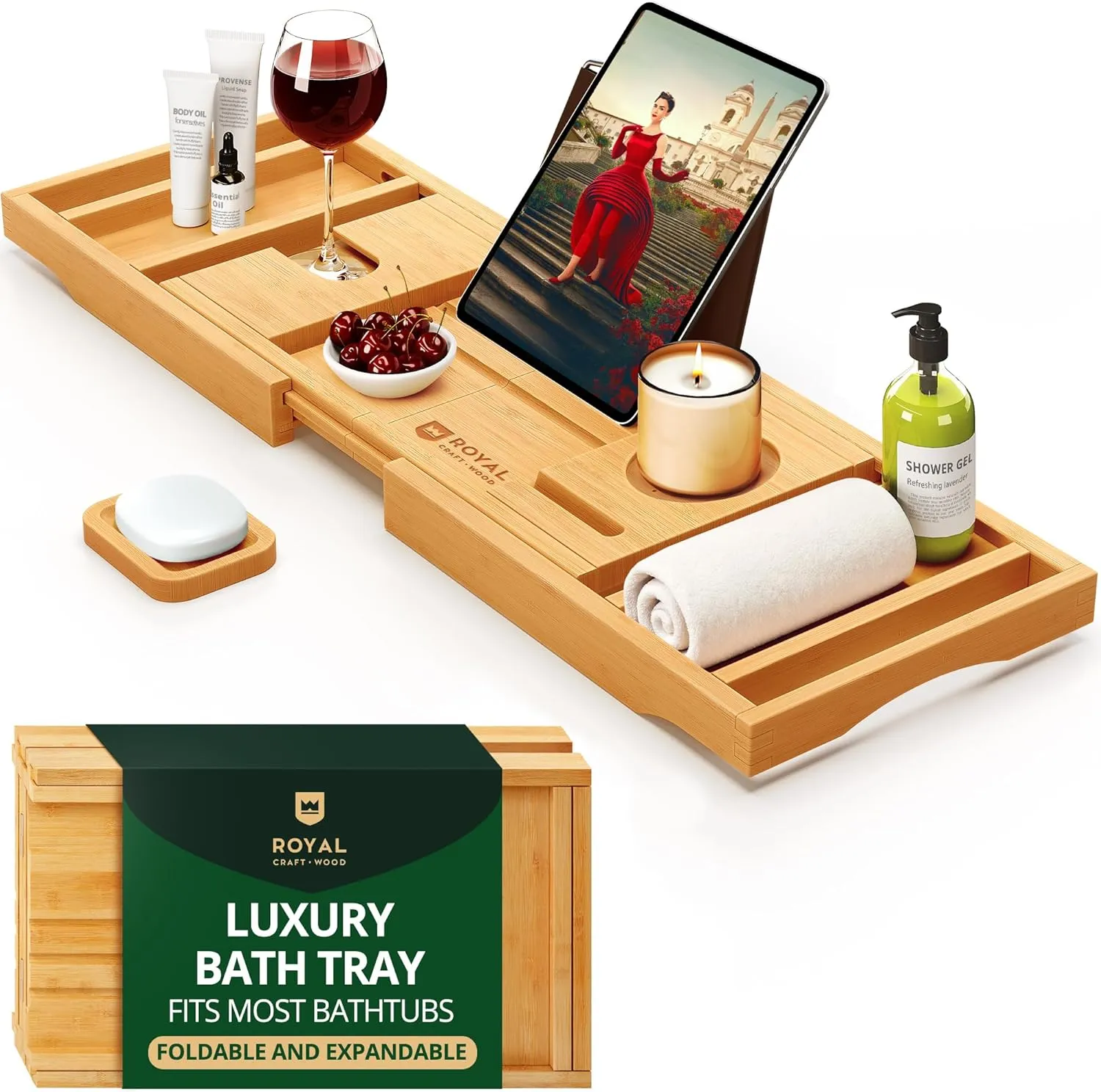 ROYAL CRAFT WOOD Premium Foldable Bathtub Tray - Wood Bath Tray for Tub, Bamboo Shelf, Expandable Bath Table Trays, Bathtub & Bathroom Accessories for New Home & Mothers Day & Birthday Gifts for Mom