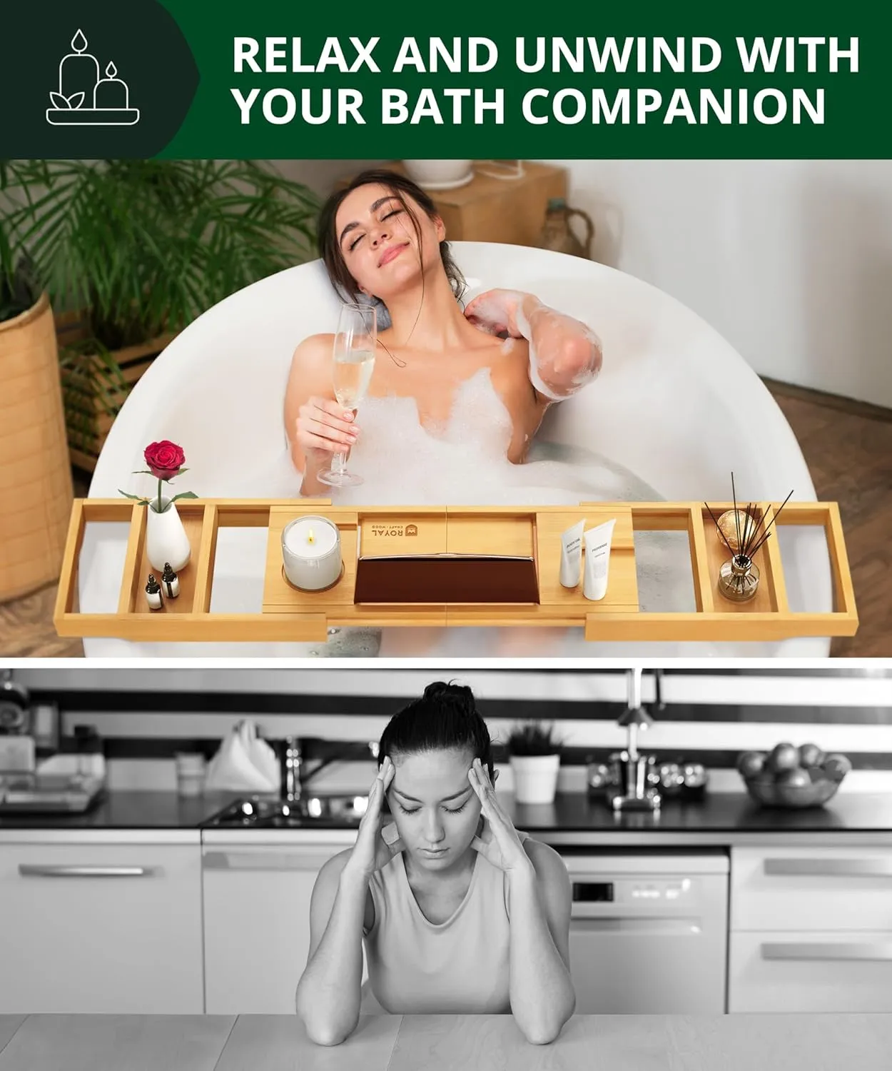 ROYAL CRAFT WOOD Premium Foldable Bathtub Tray - Wood Bath Tray for Tub, Bamboo Shelf, Expandable Bath Table Trays, Bathtub & Bathroom Accessories for New Home & Mothers Day & Birthday Gifts for Mom