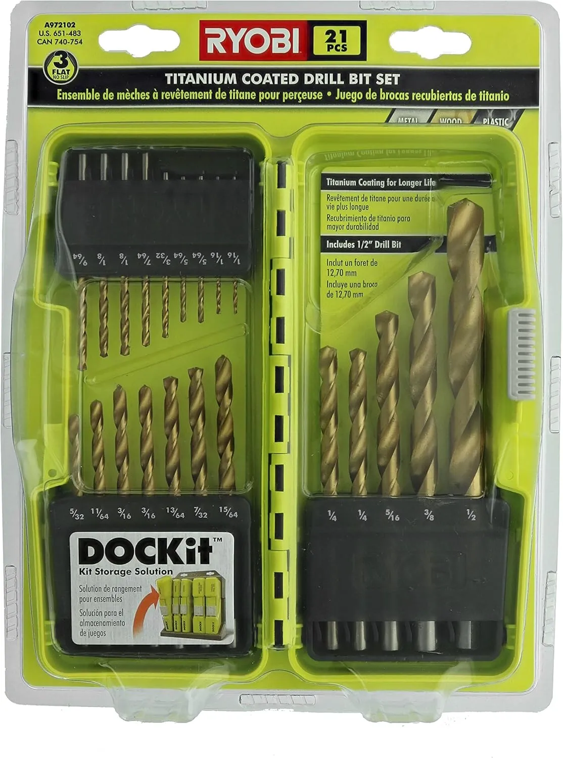 Ryobi A972101 21 Piece Titanium Drill Bit Set w/ Plastic Locking Storage Case and Foldout Rubberized Organization Solution