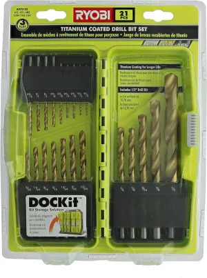 Ryobi A972101 21 Piece Titanium Drill Bit Set w/ Plastic Locking Storage Case and Foldout Rubberized Organization Solution