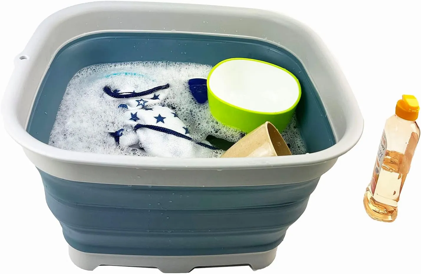 SAMMART 15L (3.9 Gallon) Collapsible Dishpan with Draining Plug-Foldable Washing Basin-Portable Dish Washing Tub - Camping & Space Saving Kitchen Storage Tray (Steel Blue   Dark Sea Green (Set of 2))