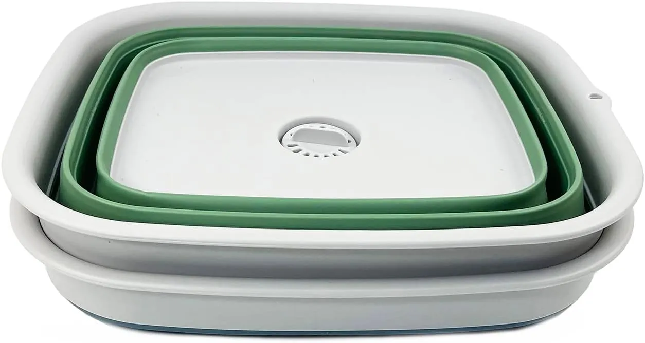 SAMMART 15L (3.9 Gallon) Collapsible Dishpan with Draining Plug-Foldable Washing Basin-Portable Dish Washing Tub - Camping & Space Saving Kitchen Storage Tray (Steel Blue   Dark Sea Green (Set of 2))