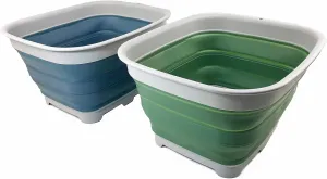 SAMMART 15L (3.9 Gallon) Collapsible Dishpan with Draining Plug-Foldable Washing Basin-Portable Dish Washing Tub - Camping & Space Saving Kitchen Storage Tray (Steel Blue   Dark Sea Green (Set of 2))