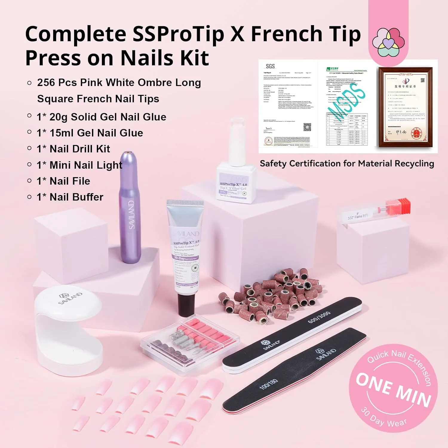 SAVILAND Gel Nail Kit: 4X Soft Tips with Drill, 256 Ombre Full Cover Nails Tips, Castor Oil Glue, LED Lamp & Portable Drill for Home Manicure