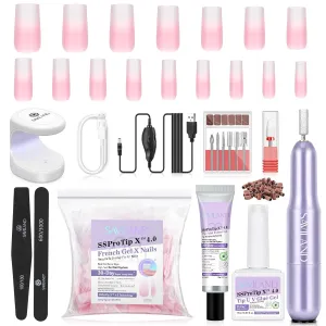 SAVILAND Gel Nail Kit: 4X Soft Tips with Drill, 256 Ombre Full Cover Nails Tips, Castor Oil Glue, LED Lamp & Portable Drill for Home Manicure