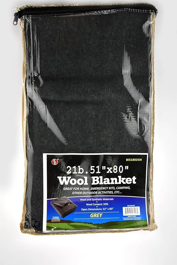 SE 51"x 80" Multipurpose Gray Wool Blanket - 50% Wool, Lightweight 2 lb, Zippered Bag Included - Ideal for Camping, Hiking, Emergency Survival