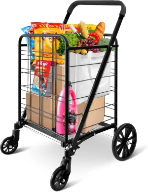 SereneLife Folding Grocery Utility Shopping Supermarket Cart with 360 Rolling Swivel Wheels, Large Capacity 110 lbs, Portable, Collapsible Compact Folding, for Grocery, Laundry, Luggage