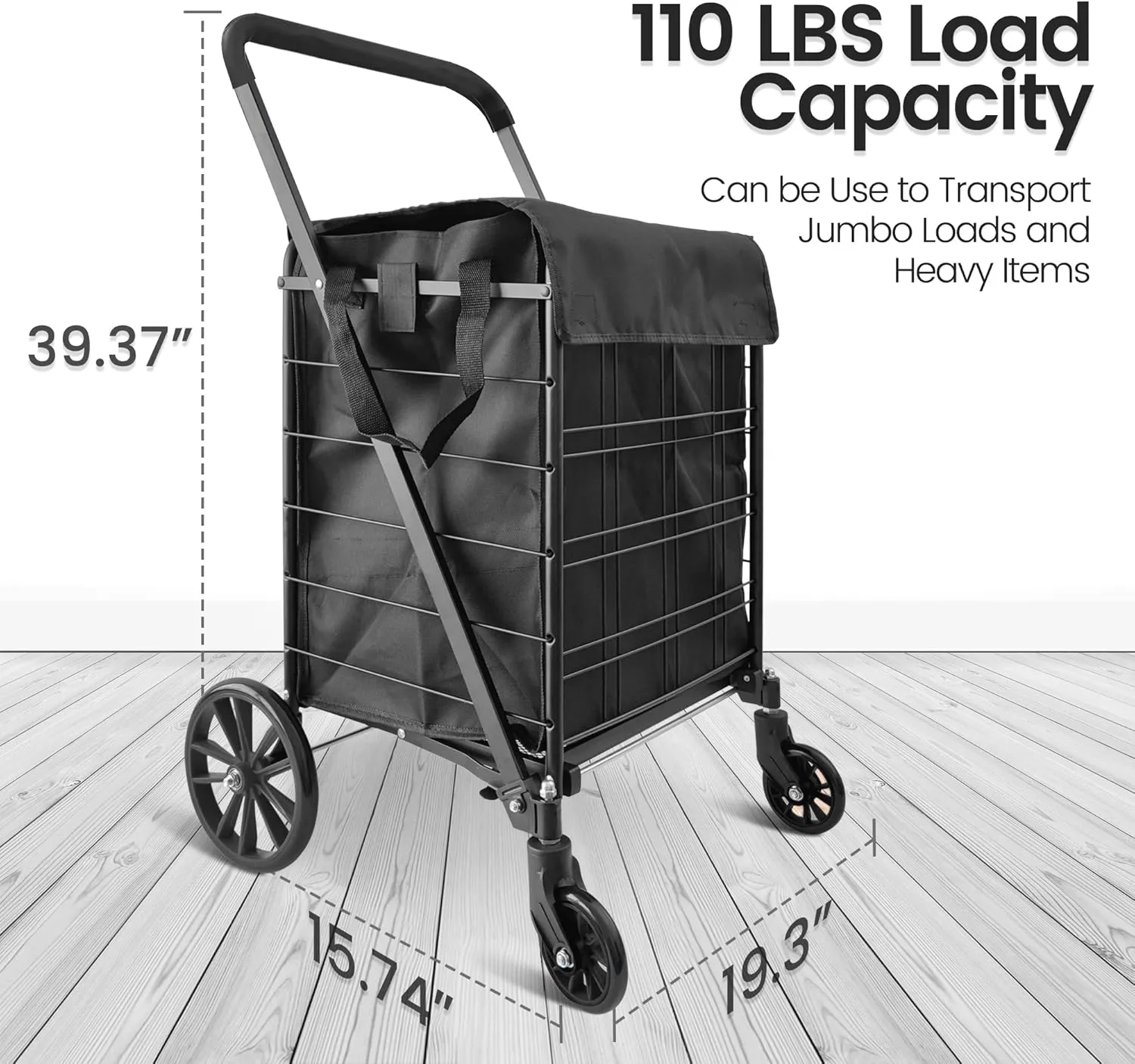 SereneLife Folding Grocery Utility Shopping Supermarket Cart with 360 Rolling Swivel Wheels, Large Capacity 110 lbs, Portable, Collapsible Compact Folding, for Grocery, Laundry, Luggage