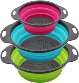 Set of 3 Niklye Ultimate Kitchen Strainers includes 1-10 inch & 2-12 inch. Collapsible Silicone Colanders For Easy Storage - Use with Pasta & Veggies or as a Fruit or Berry Bowl with Strainer., large