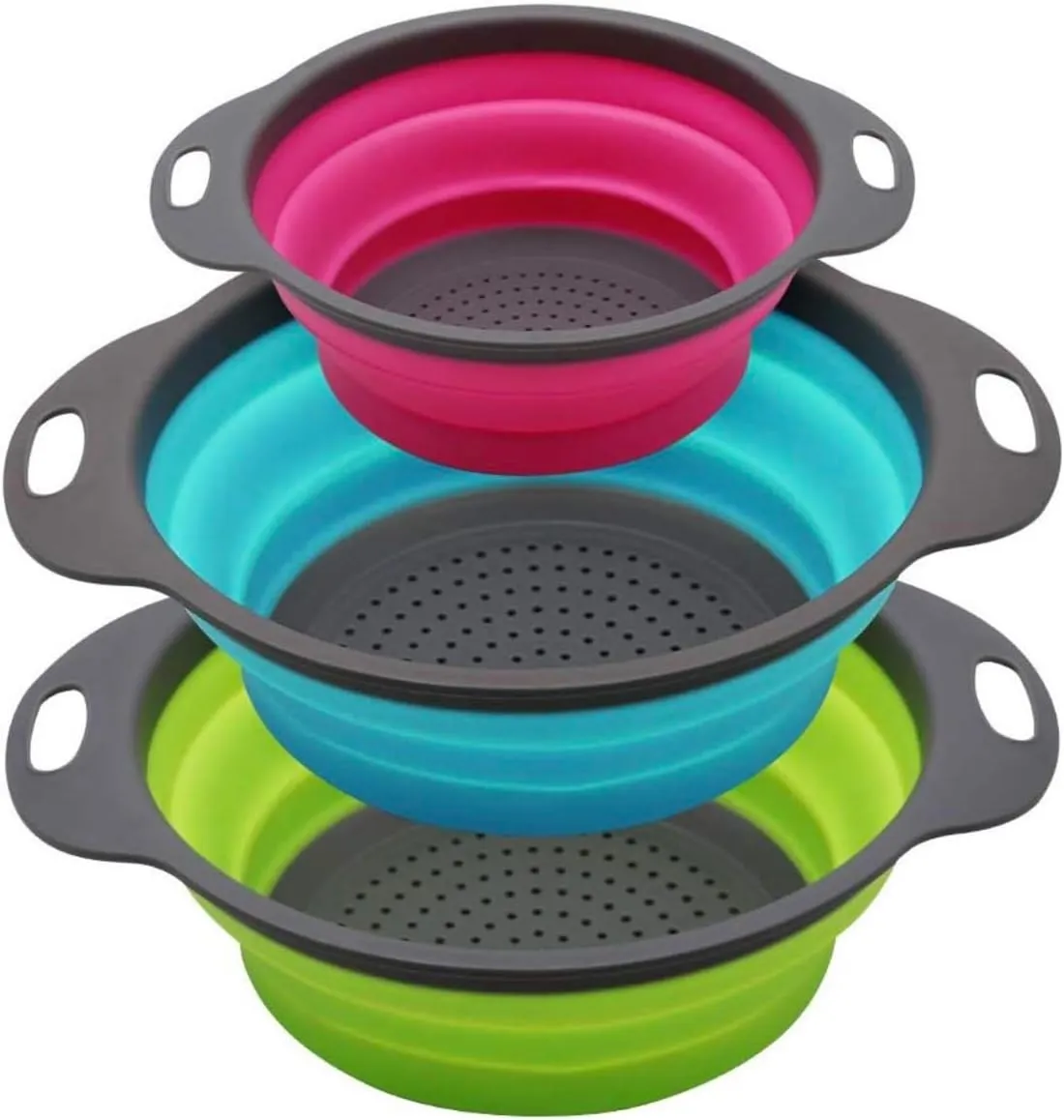 Set of 3 Niklye Ultimate Kitchen Strainers includes 1-10 inch & 2-12 inch. Collapsible Silicone Colanders For Easy Storage - Use with Pasta & Veggies or as a Fruit or Berry Bowl with Strainer., large