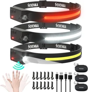 SEVENKA 3 Rechargeable Headlamps with Red Light, LED Headlamp Flashlight with Carrying Case, 1000 Lumen 230° Wide Beam & Spot Light, Sensor Mode, 2.47oz Lightweight Head Lamp for Camping