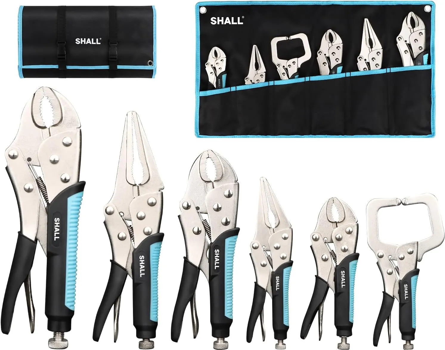 SHALL 6-Piece Locking Pliers, Vice Grips Pliers Set, 5",7" & 10" Curved Jaw Locking Pliers, 6-1/2" & 9-1/2 Long Nose Locking Pliers, 6" Locking C-Clamp, Two-Color TPR Handle, Roll Up Pouch Included