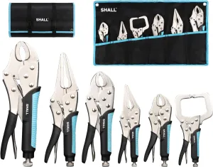 SHALL 6-Piece Locking Pliers, Vice Grips Pliers Set, 5",7" & 10" Curved Jaw Locking Pliers, 6-1/2" & 9-1/2 Long Nose Locking Pliers, 6" Locking C-Clamp, Two-Color TPR Handle, Roll Up Pouch Included
