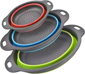 Silicone Colander Collapsible Strainers Set for Kitchen- 3 Pack (3Qt, 4Qt, 5Qt) -Over Home Draining Basket, Food Vegetables & Fruits-Dishwasher Safe, Space Saving Design (Green, Blue, Red)