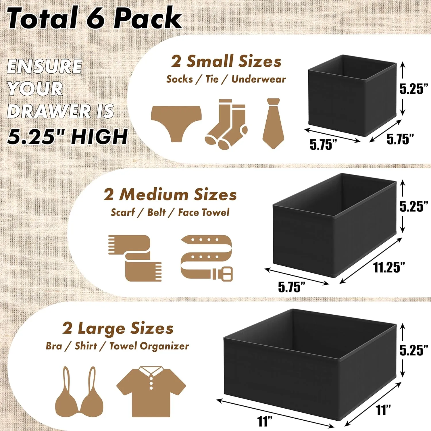 Simple Houseware Underwear Drawer Organizer for Lingerie/Undergarment/Bra/Panty/Sock/Onesie, Set of 6, Black