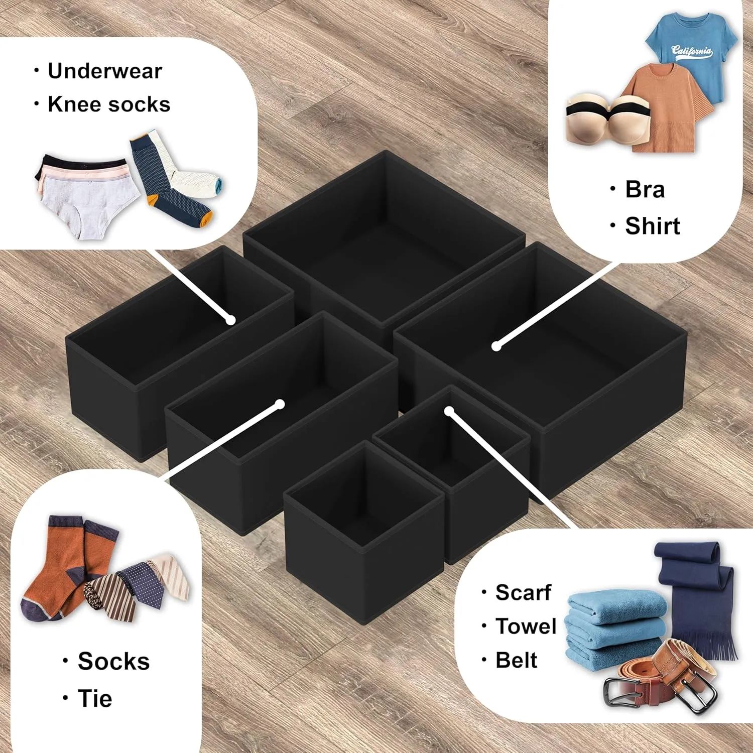 Simple Houseware Underwear Drawer Organizer for Lingerie/Undergarment/Bra/Panty/Sock/Onesie, Set of 6, Black