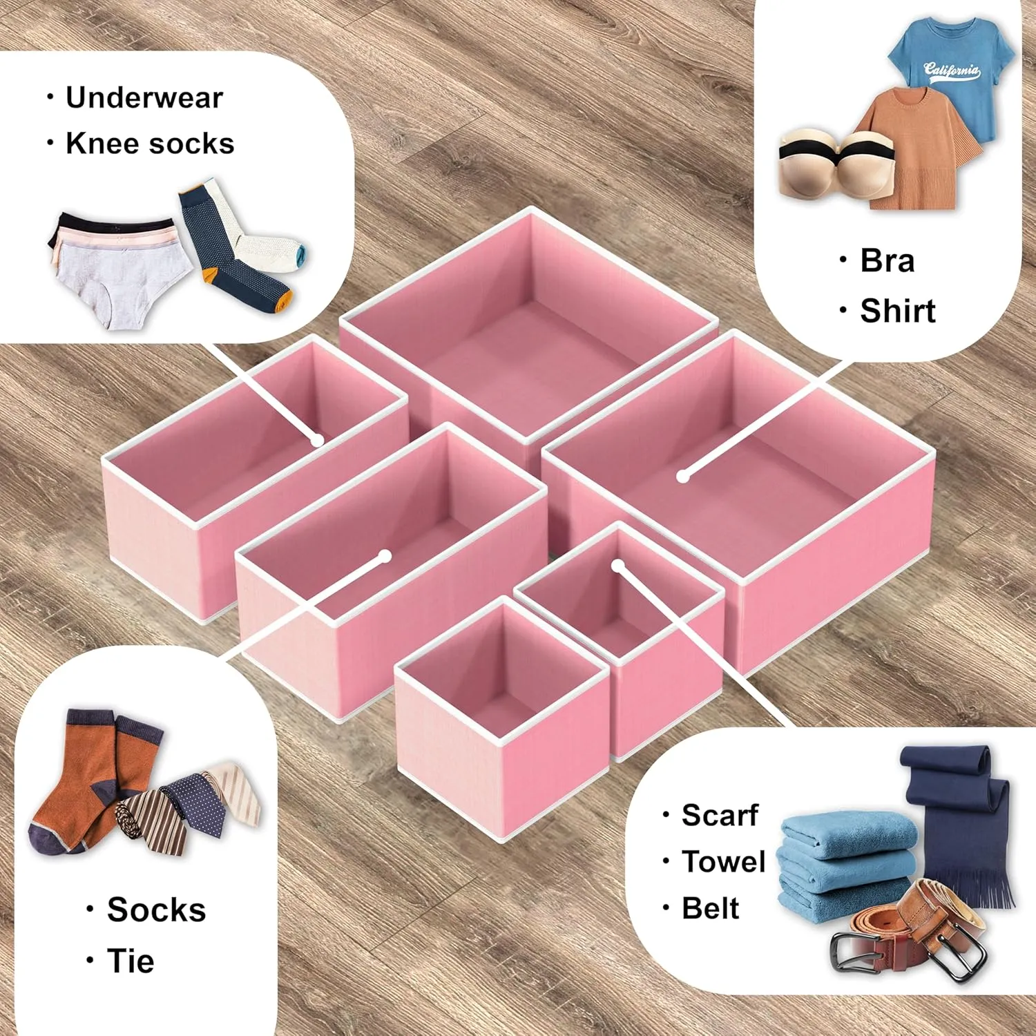 Simple Houseware Underwear Drawer Organizer for Lingerie/Undergarment/Bra/Panty/Sock/Onesie, Set of 6, Pink