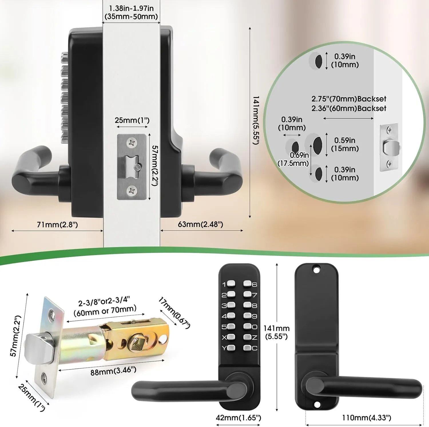 Single Sided Keypad Door Lock Lever, Mechanical Keyless Entry Door Lock with Handle, Code Combination Front Gate for Warehouses, Not Deadbolt, Auto Lock, No Electronic (Matte Black)