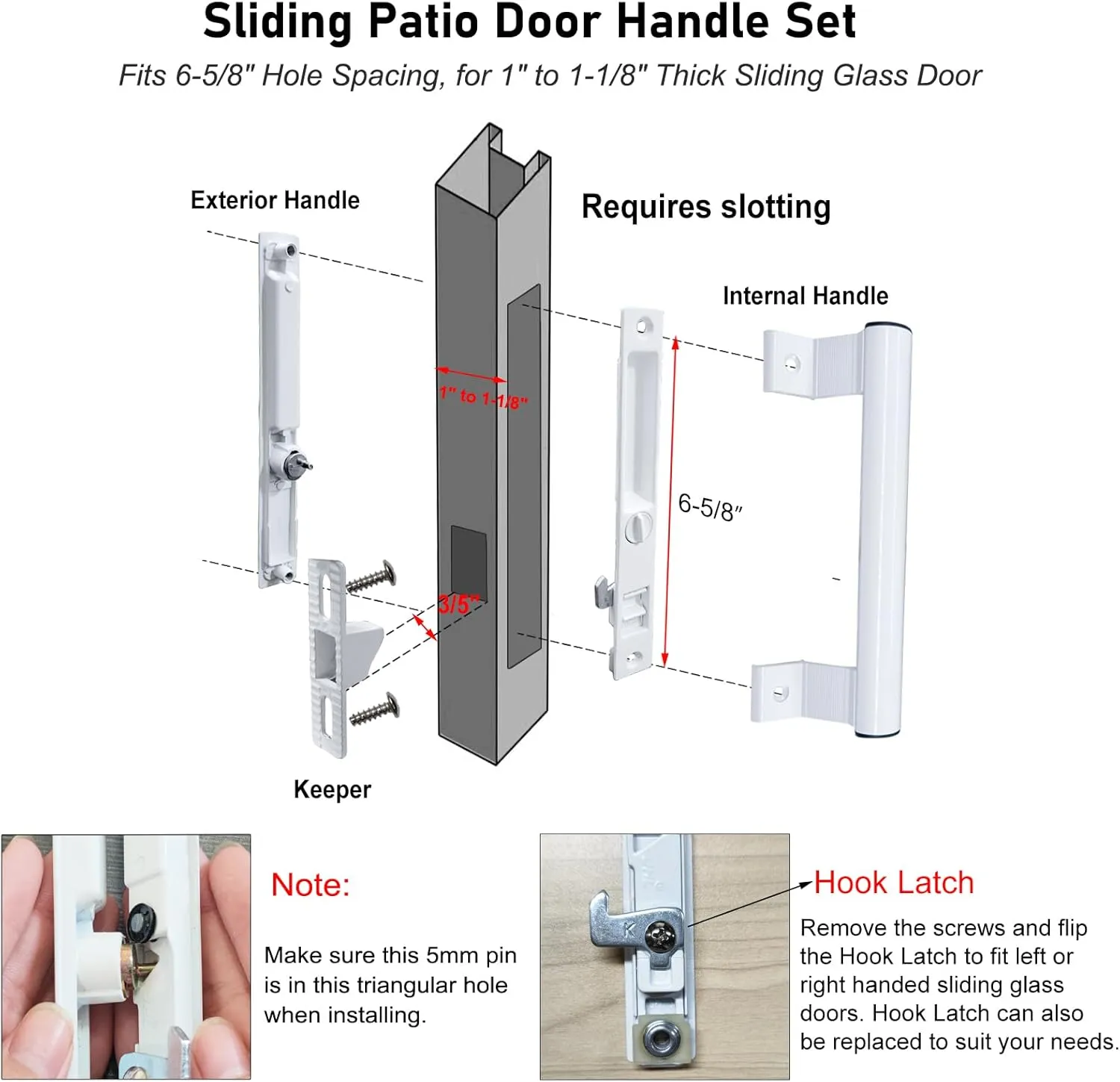 Sliding Glass Door Handle Set with Lock - Easy to Install,Patio Sliding Door Handle Fits for 1 to 1-1/8 Door Thickness,6-5/8" Screw Hole Spacing,Perfectly Replacement for Old Handle(White)
