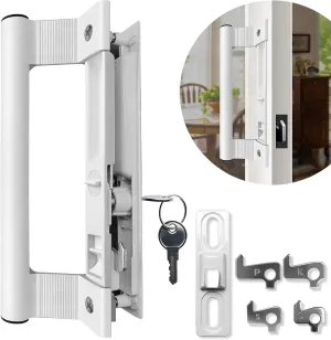 Sliding Glass Door Handle Set with Lock - Easy to Install,Patio Sliding Door Handle Fits for 1 to 1-1/8 Door Thickness,6-5/8" Screw Hole Spacing,Perfectly Replacement for Old Handle(White)