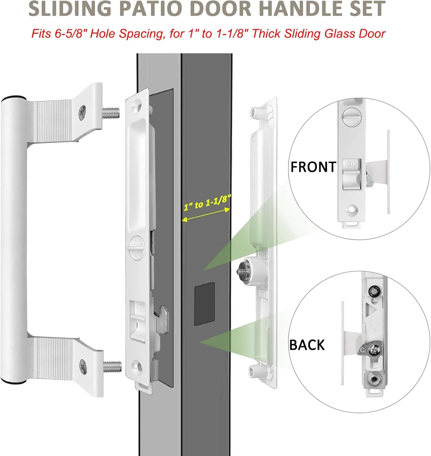 Sliding Glass Door Handle Set with Lock - Easy to Install,Patio Sliding Door Handle Fits for 1 to 1-1/8 Door Thickness,6-5/8" Screw Hole Spacing,Perfectly Replacement for Old Handle(White)