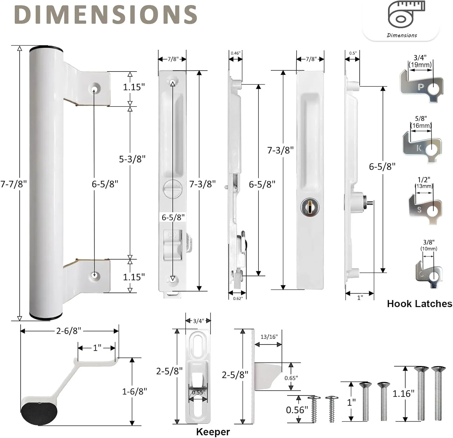 Sliding Glass Door Handle Set with Lock - Easy to Install,Patio Sliding Door Handle Fits for 1 to 1-1/8 Door Thickness,6-5/8" Screw Hole Spacing,Perfectly Replacement for Old Handle(White)