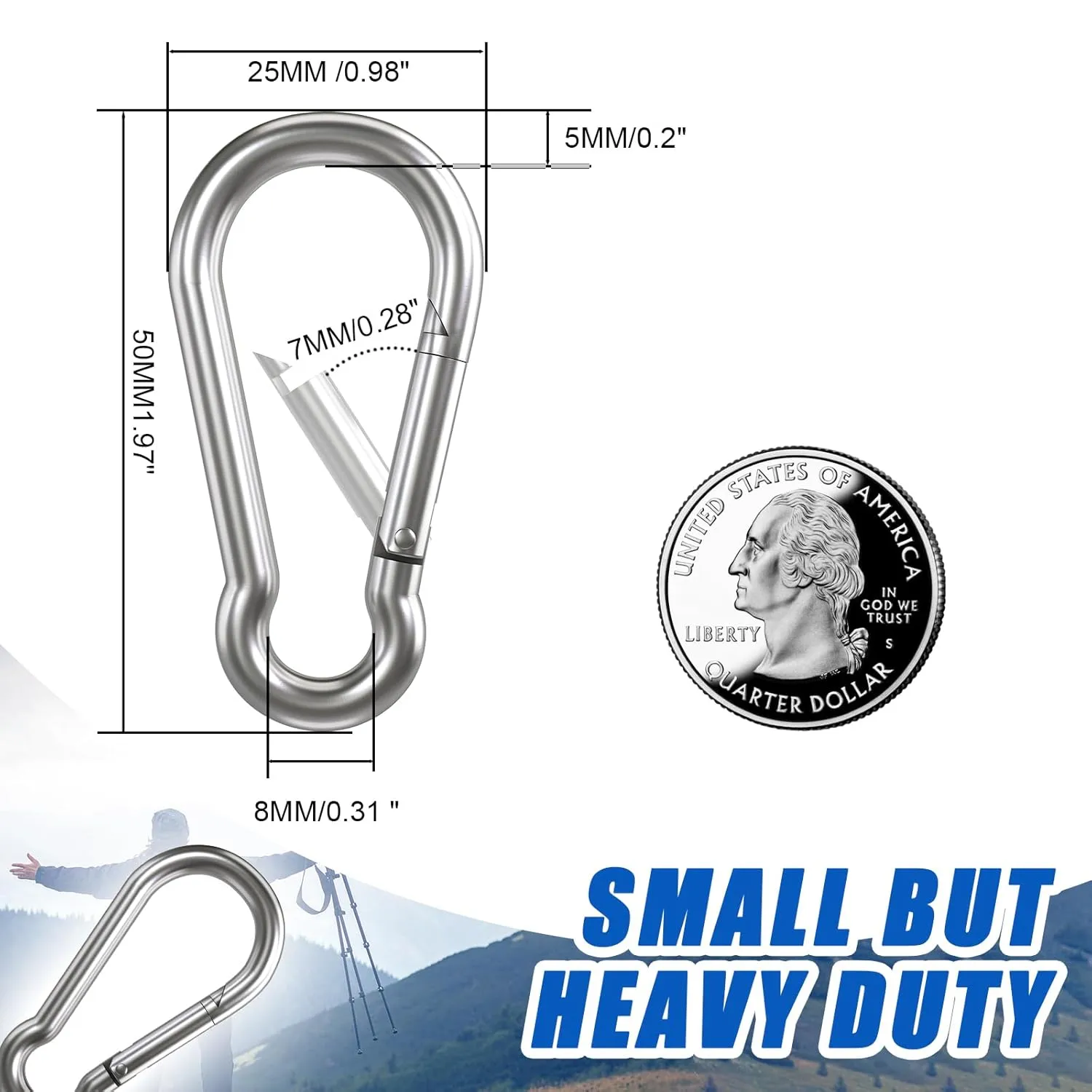 Small Carabiner Clip Hooks, 25pcs 1.97 inch Carabiners Heavy Duty, 304 Stainless Steel Spring Snap Hook Fits Camping Hiking, Metal Clips for Rope Chain Keys Rings