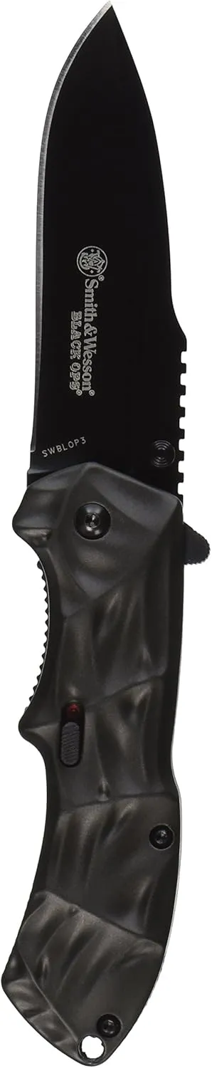 Smith & Wesson Black Ops SWBLOP3 7.7in S.S. Assisted Opening Knife with 3.4in Drop Point Blade and Aluminum Handle for Outdoor, Tactical, Survival and EDC