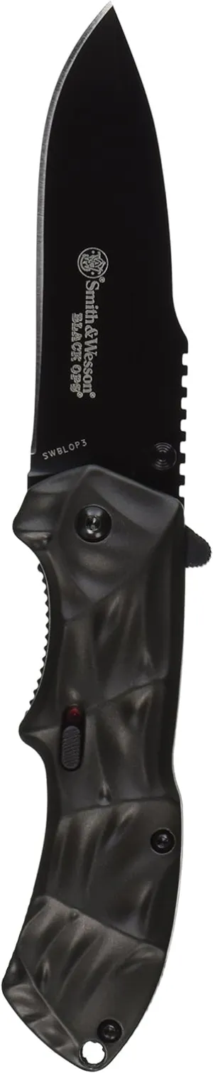 Smith & Wesson Black Ops SWBLOP3 7.7in S.S. Assisted Opening Knife with 3.4in Drop Point Blade and Aluminum Handle for Outdoor, Tactical, Survival and EDC