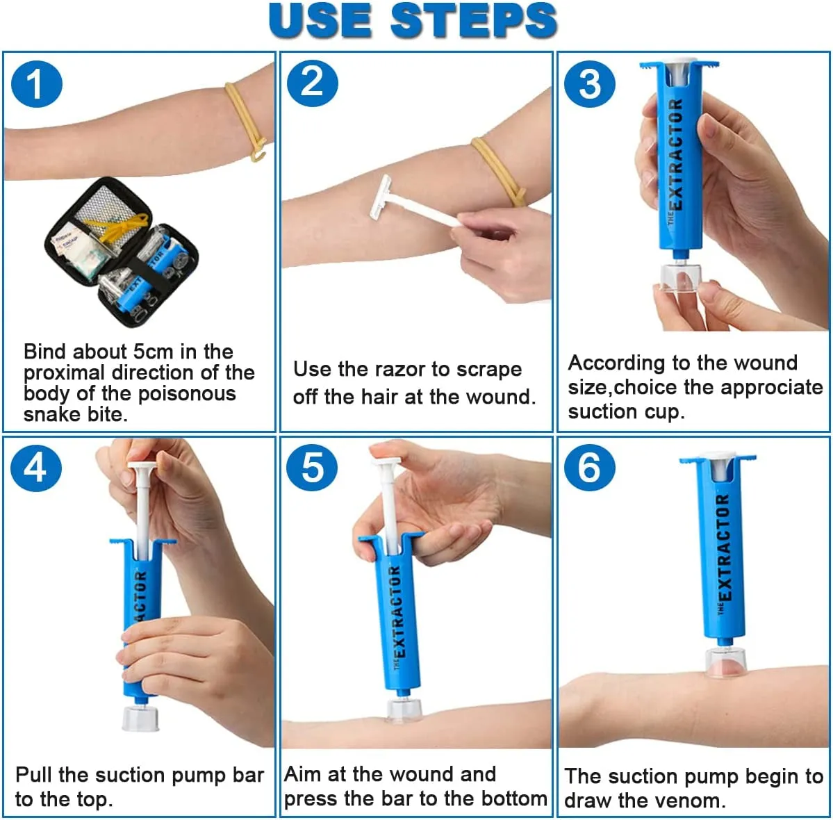 Snake Bite Extractor First Aid Kit | 4-Size Snake & Bee Sting Emergency Kit with CPR Shield | One-Hand Operation Design