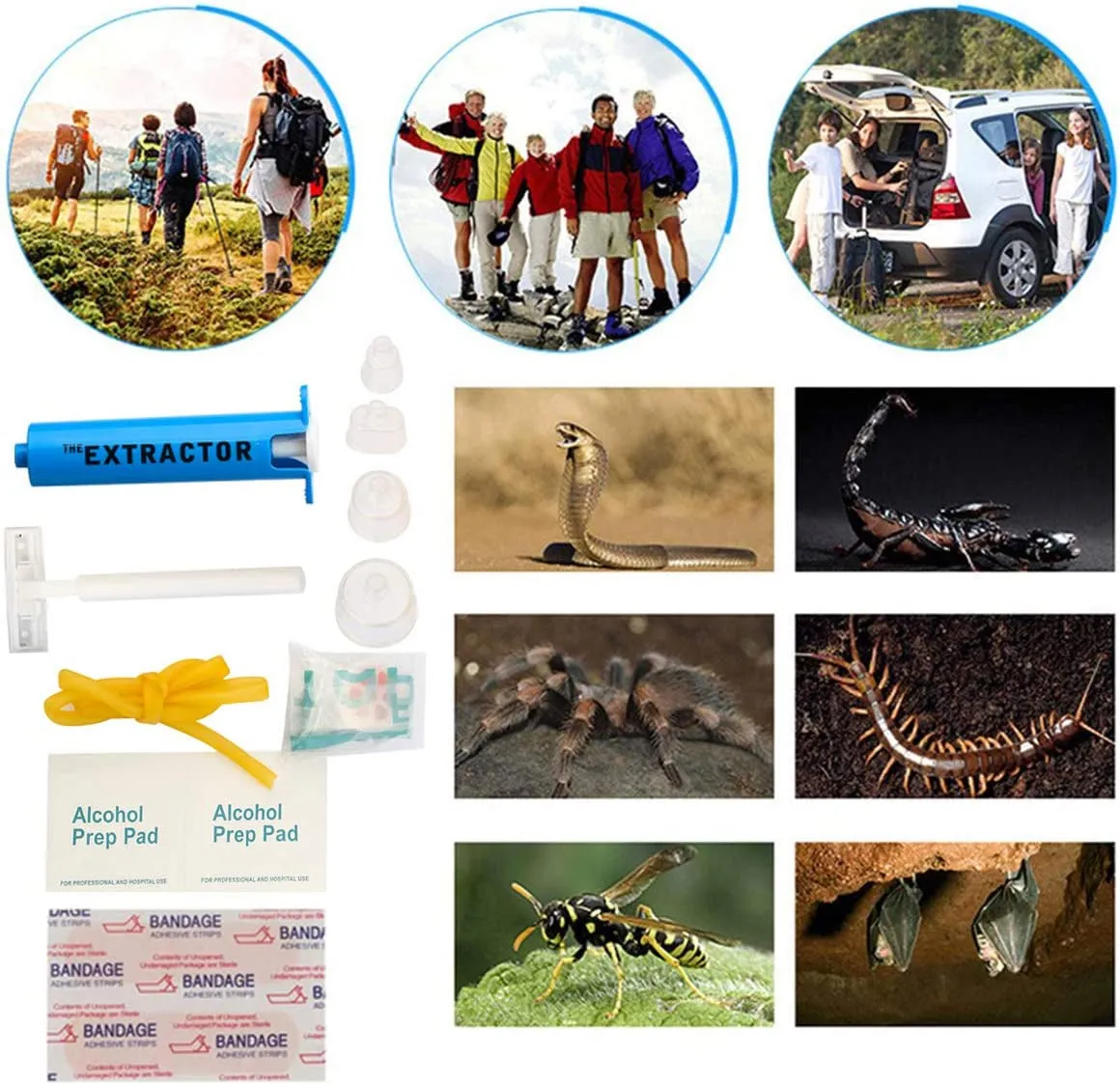 Snake Bite Extractor First Aid Kit | 4-Size Snake & Bee Sting Emergency Kit with CPR Shield | One-Hand Operation Design