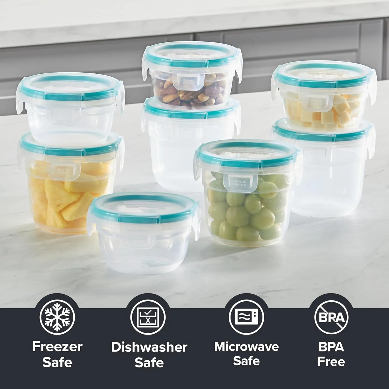 Snapware Total Solution 16-Pc Plastic Food Storage Containers Set ,(4) 2-Cup & (4) 1.2-Cup Round Meal Prep Container, BPA-Free Lids with 4 Locking Tabs, Microwave, Dishwasher, and Freezer Safe