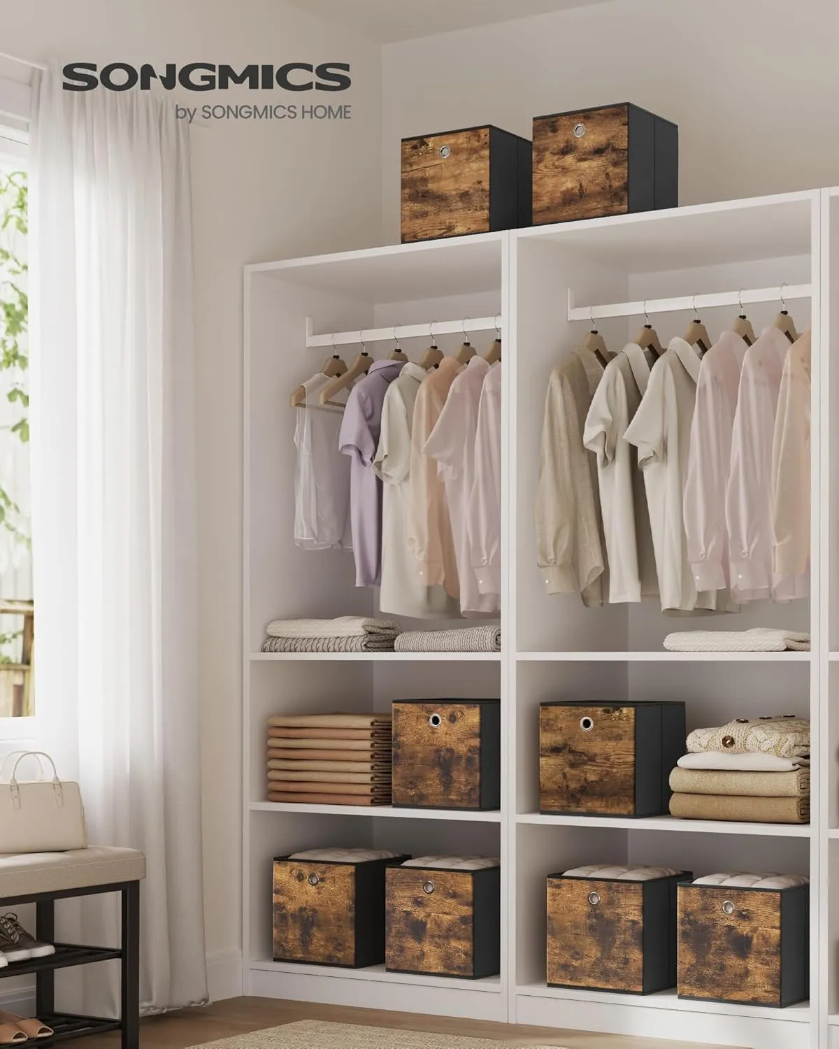 SONGMICS Storage Cubes, Set of 8 Storage Bins, Foldable Fabric Storage Boxes, 10.2 x 10.2 x 11 Inches, Fit Cube Storage Unit, for Clothes, Bedroom, Living Room, Rustic Brown and Ink Black URFB826B01
